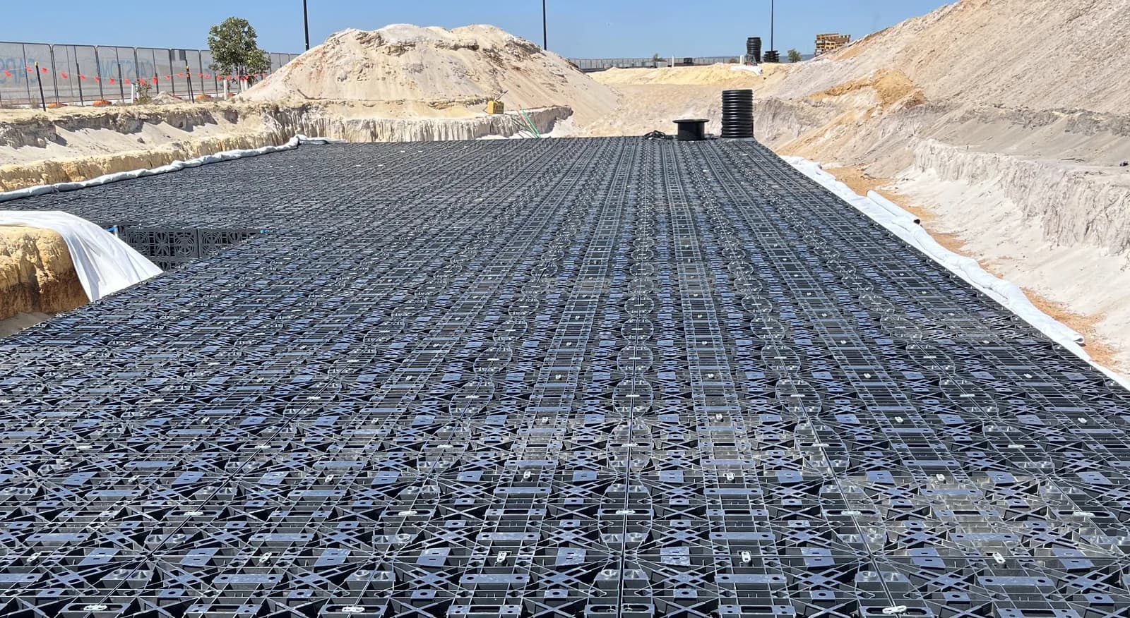 1,260 m³ stormwater across 55,000 m² warehouse hardstand project photo, Jandakot, WA