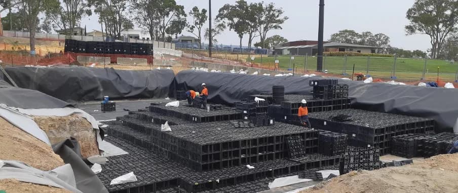 763 m³ OSD beneath a sloped carpark at The Verge project photo, Burleigh Heads, QLD