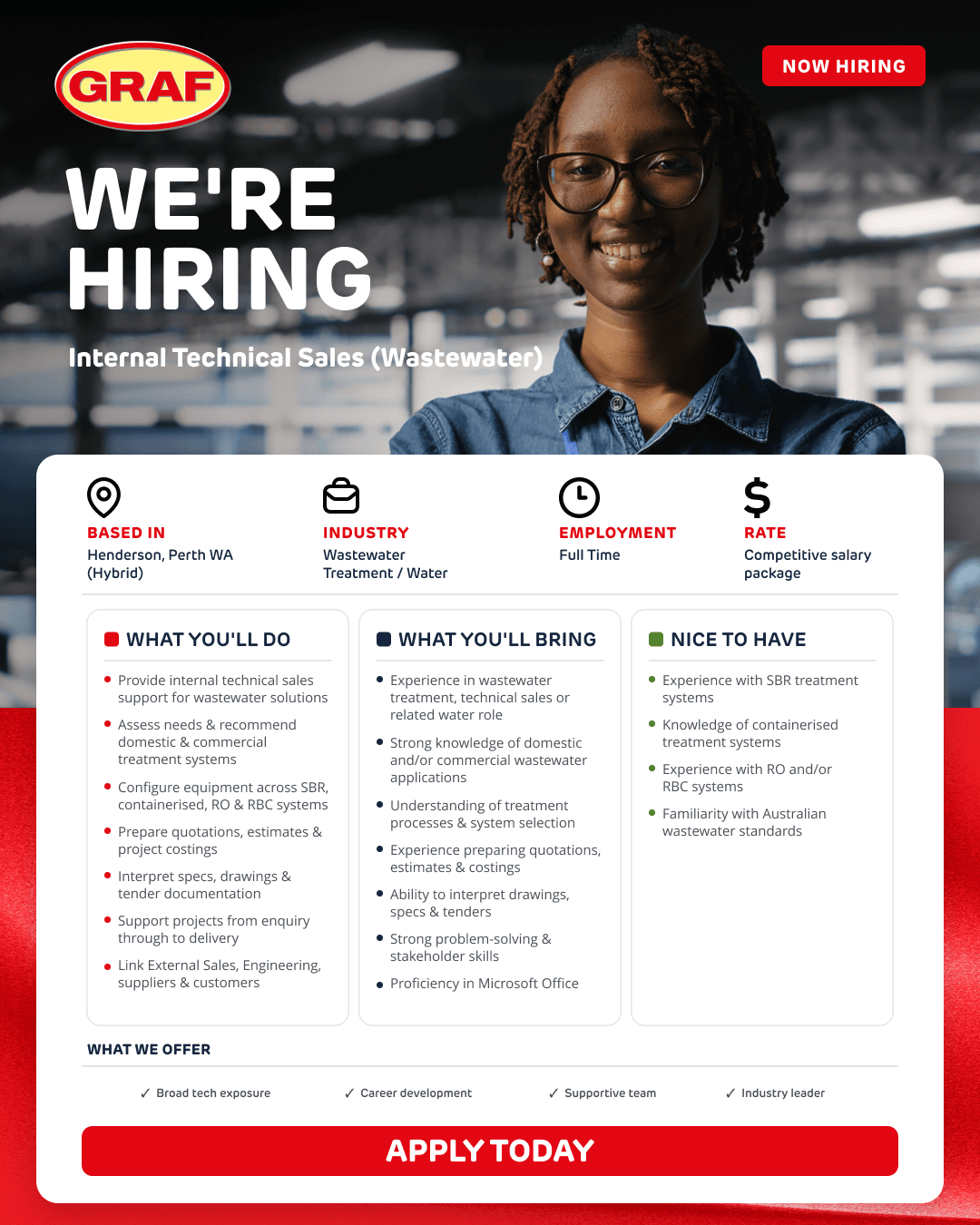 GRAF Australia hiring flyer for Internal Technical Sales (Wastewater) in Henderson, Perth.