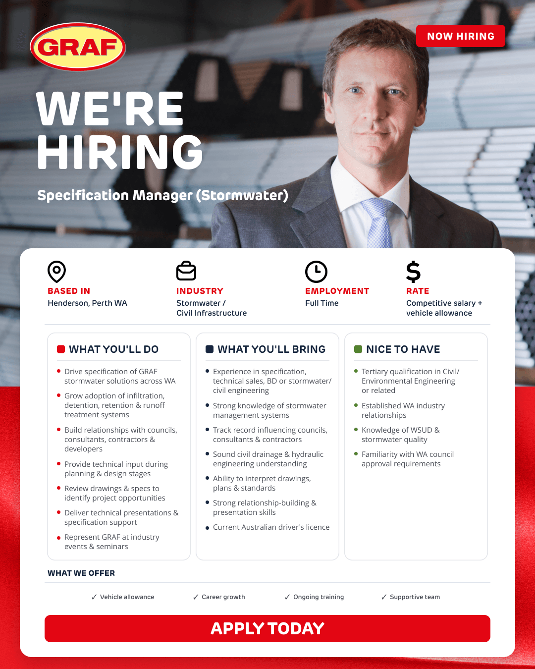 GRAF Australia hiring flyer for Specification Manager (Stormwater) in Henderson, Perth.