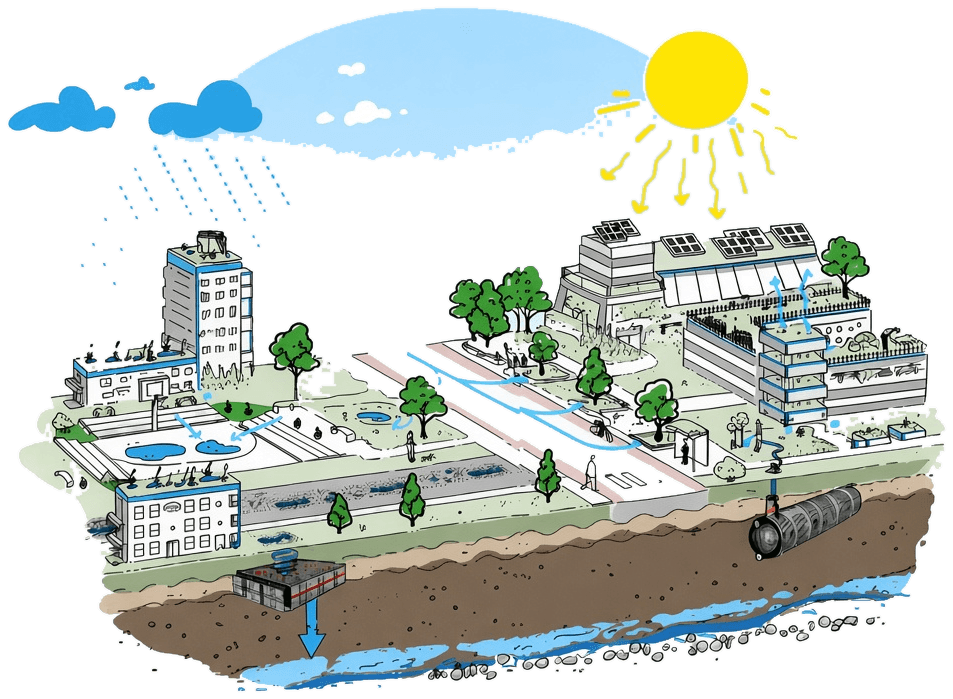 Sponge city illustration: retention roofs, rainwater harvesting, infiltration and permeable surfaces